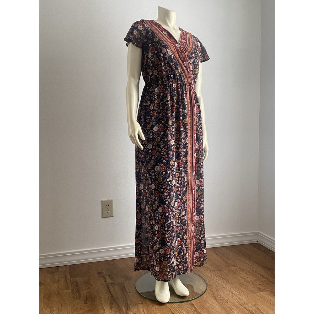 Xhilaration Dress Maxi Faux Wrap Boho/ Navy Abstract Print W/ Belt Large - Picture 3 of 9